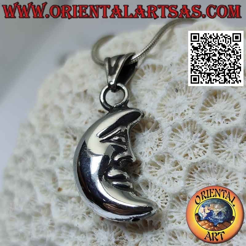 Pendentif en argent, croissant lisse avec visage en forme de double face