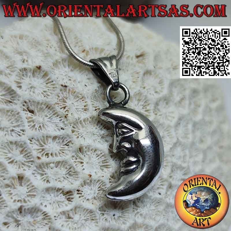 Colgante de plata, media luna lisa con cara en forma de doble cara