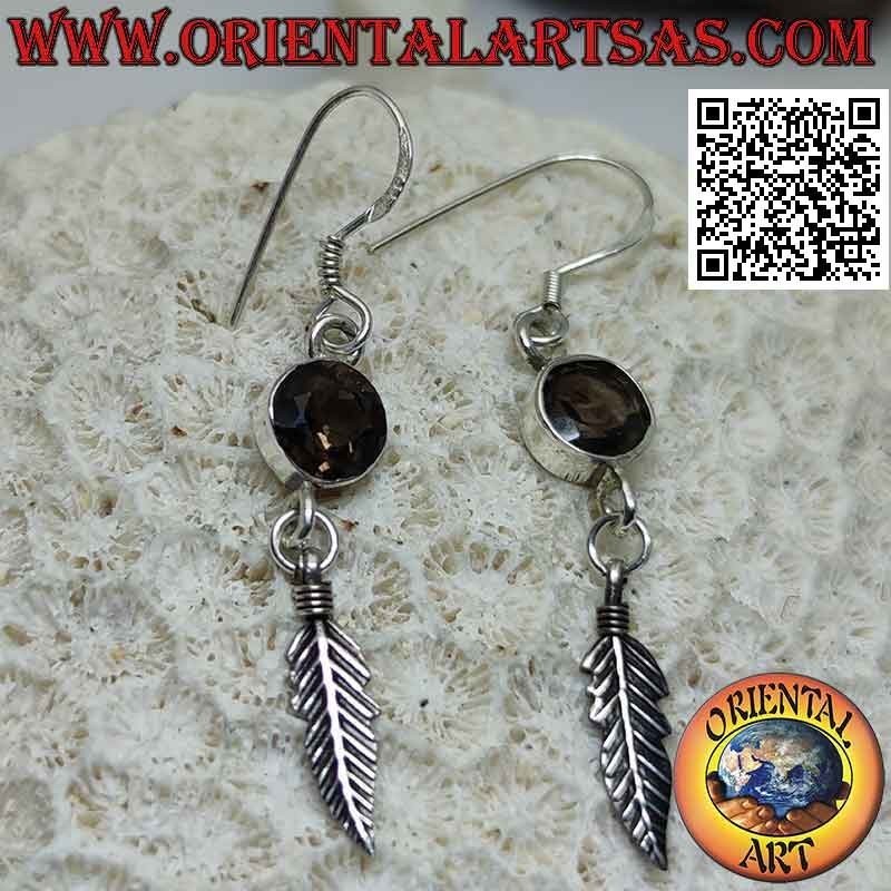 Boucles d'oreilles en argent avec topaze fumée ronde facettée et pendentif plume