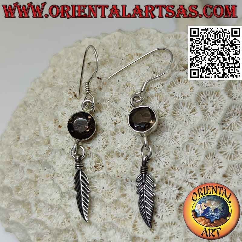Silver earrings with faceted round smoky topaz and pendant feather