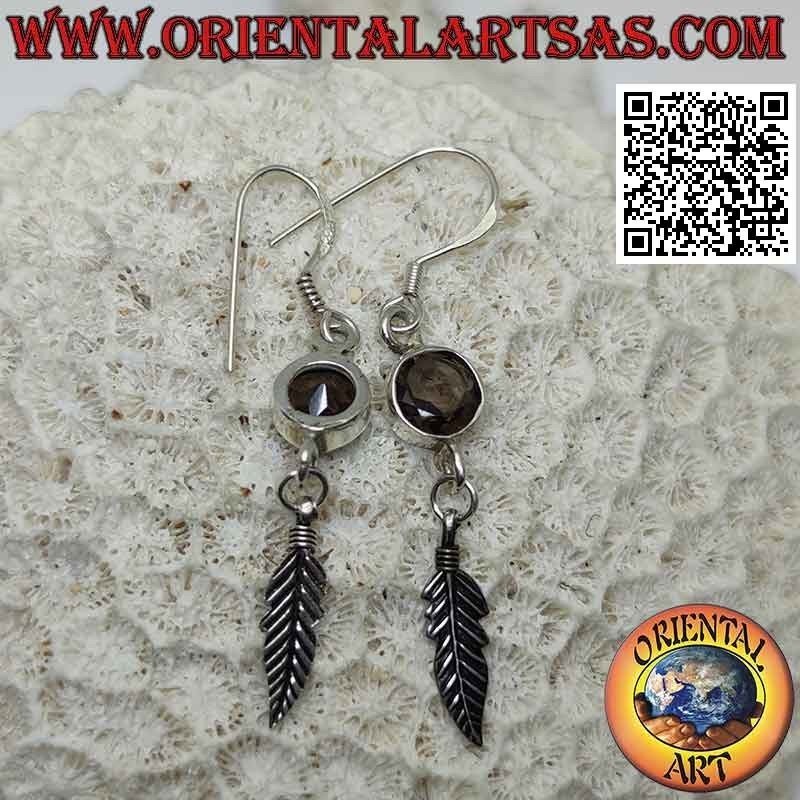 Silver earrings with faceted round smoky topaz and pendant feather