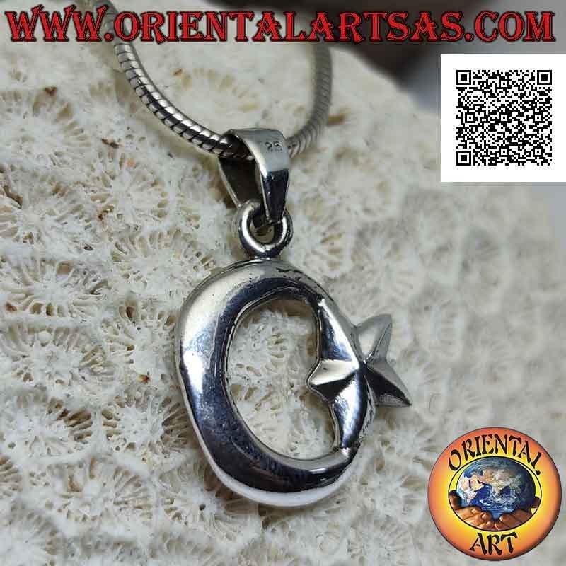Colgante de plata lisa de doble cara, la luna creciente unida a la estrella