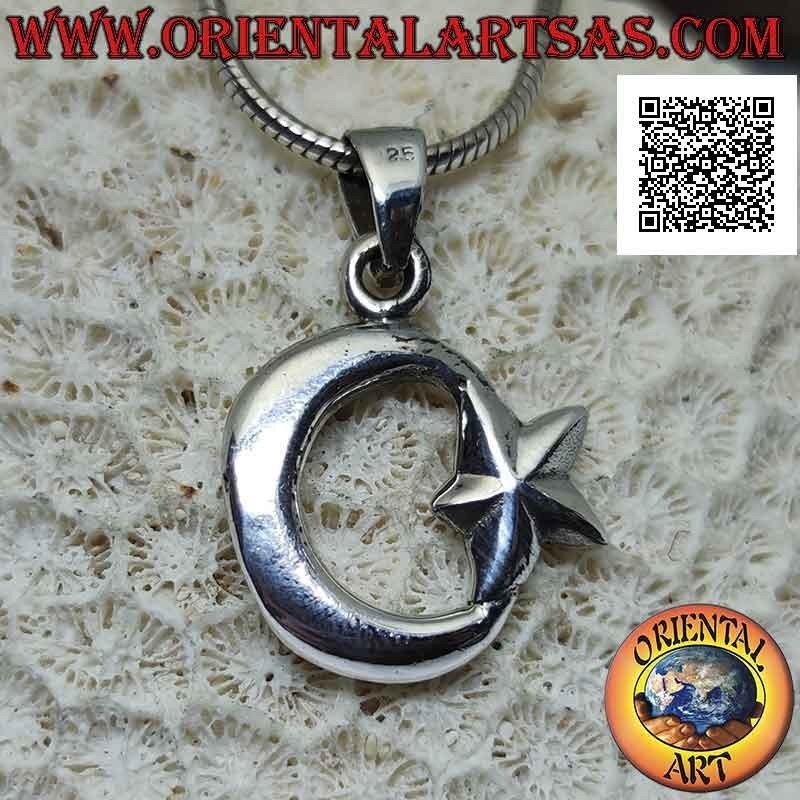 Pendentif en argent lisse double face, le croissant de lune attaché à l'étoile