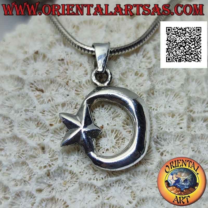 Pendentif en argent lisse double face, le croissant de lune attaché à l'étoile