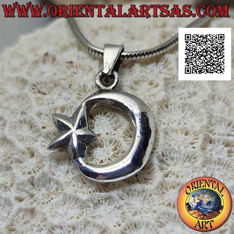 Pendentif en argent lisse double face, le croissant de lune attaché à l'étoile