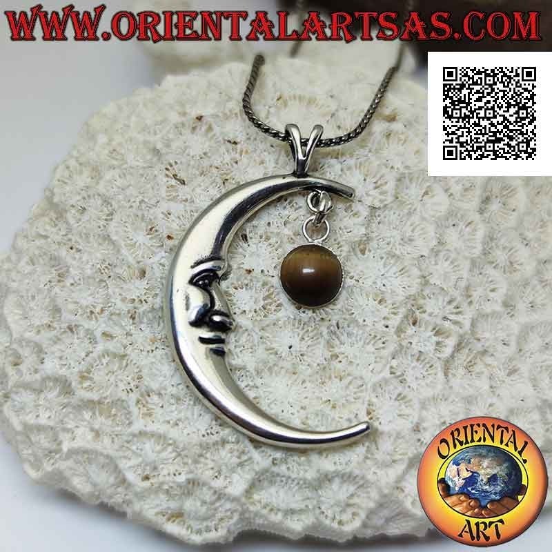 Pendentif en argent, croissant avec visage en forme (grand) et pendentif oeil de tigre