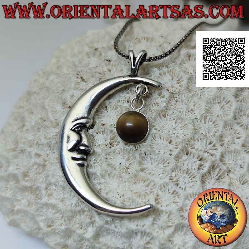 Colgante de plata, media luna con cara en forma (grande) y colgante de ojo de tigre