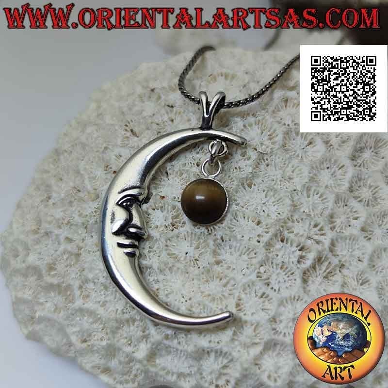 Colgante de plata, media luna con cara en forma (grande) y colgante de ojo de tigre