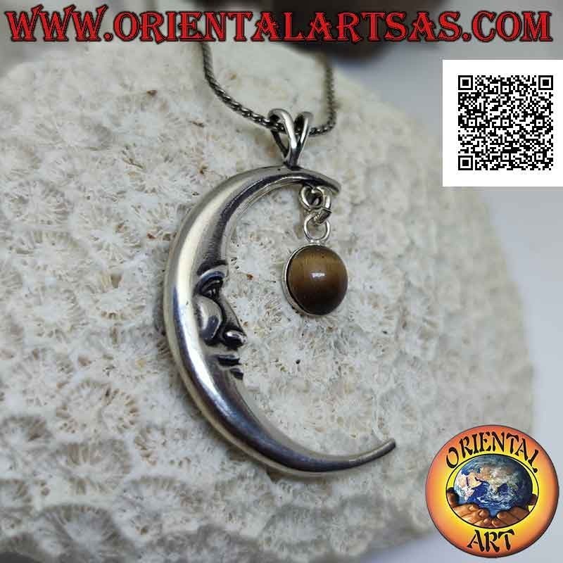 Pendentif en argent, croissant avec visage en forme (grand) et pendentif oeil de tigre