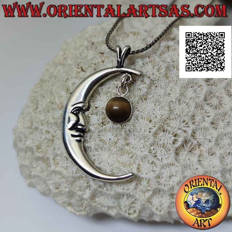 Colgante de plata, media luna con cara en forma (grande) y colgante de ojo de tigre