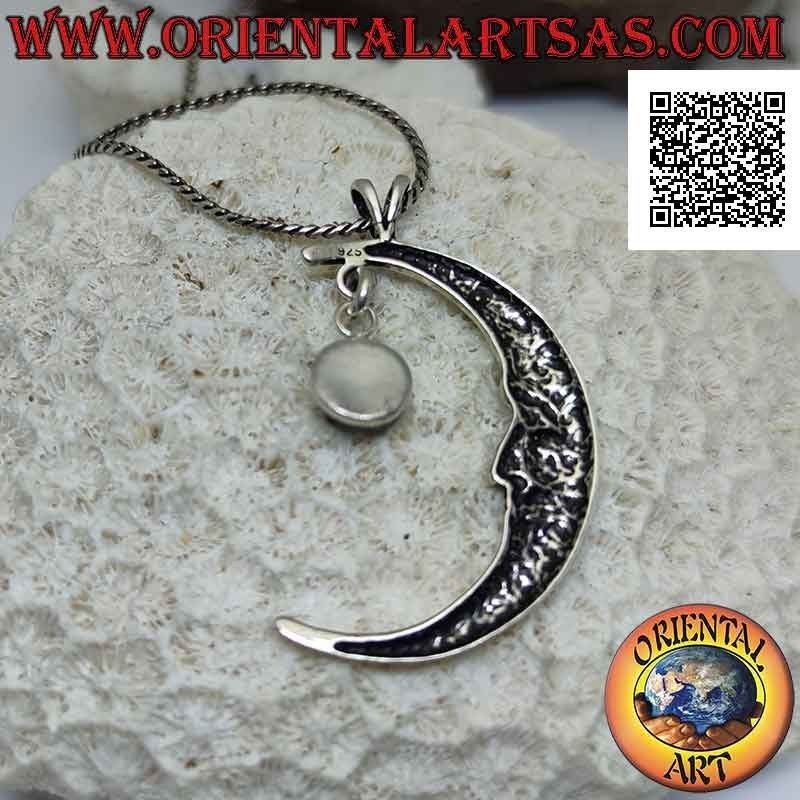 Pendentif en argent, croissant avec visage en forme (grand) et pendentif oeil de tigre