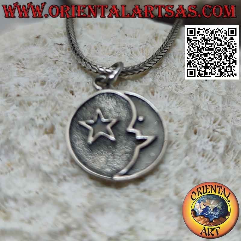 Silver pendant, medal with moon and star in bas-relief