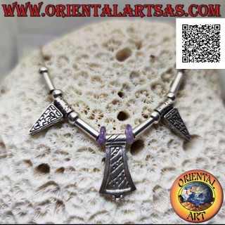 Collana in argento 925 ‰ con sfere, tubetti, dischi di ametista e piastre incise infilate da 40 cm
