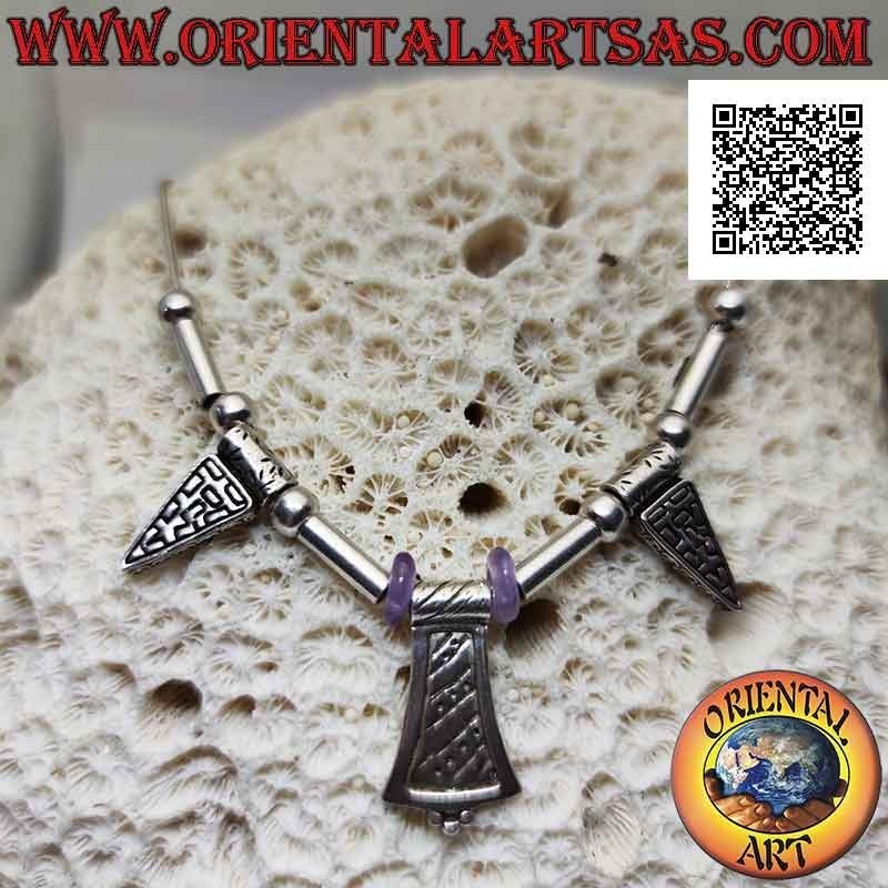 Collier en argent 925 ‰ avec sphères, tubes, disques d'améthyste et plaques gravées enfilées 40 cm