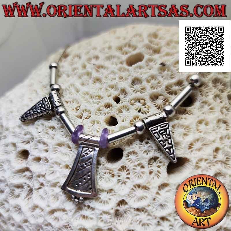 Collier en argent 925 ‰ avec sphères, tubes, disques d'améthyste et plaques gravées enfilées 40 cm