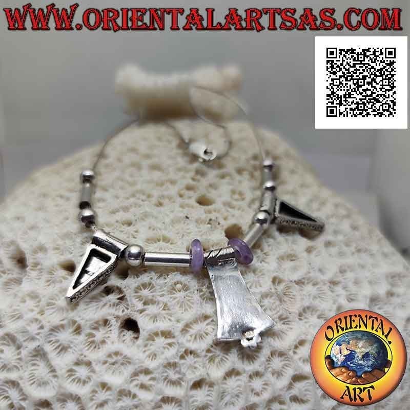 925 ‰ silver necklace with spheres, tubes, amethyst discs and engraved plates strung 40 cm