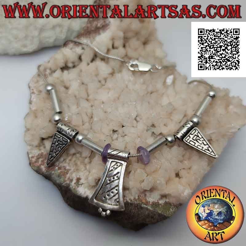 925 ‰ silver necklace with spheres, tubes, amethyst discs and engraved plates strung 40 cm