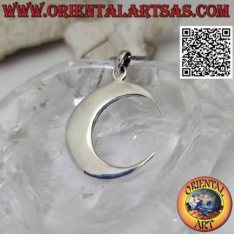 Silver pendant, smooth crescent with elongated and pointed tips