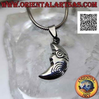 Colgante de plata, media luna de doble cara con cara en forma y espiral grabada