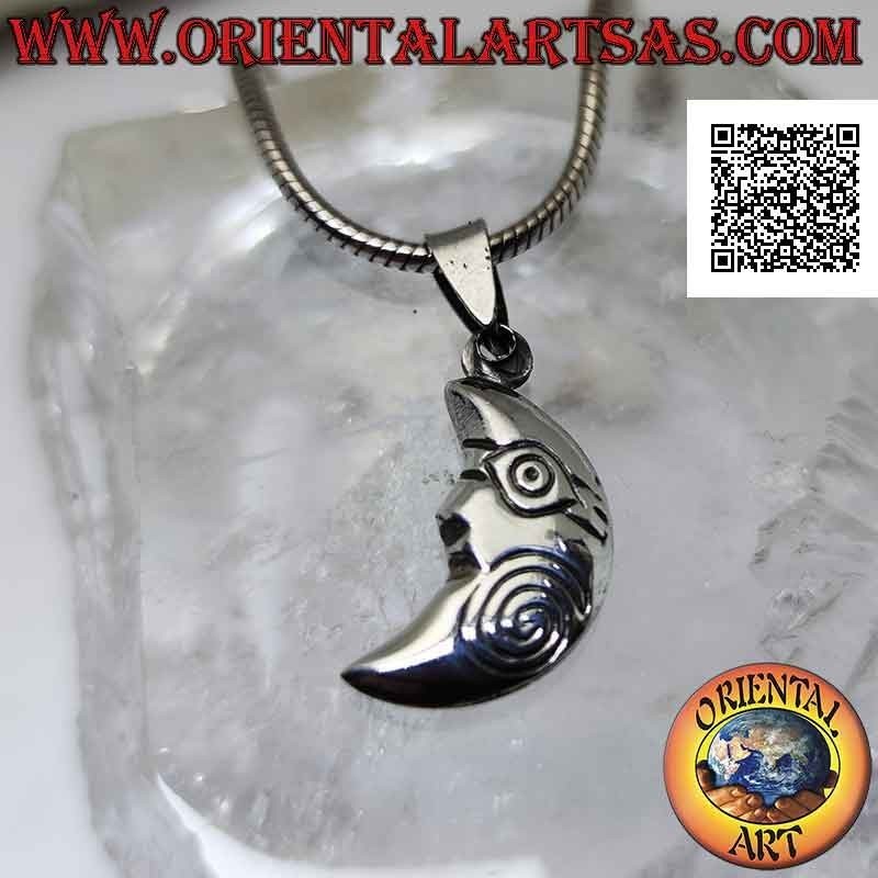 Colgante de plata, media luna de doble cara con cara en forma y espiral grabada