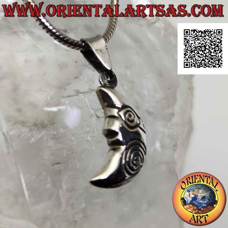 Silver pendant, double-sided crescent with shaped face and engraved spiral