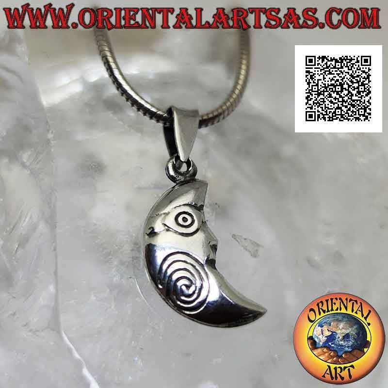 Silver pendant, double-sided crescent with shaped face and engraved spiral