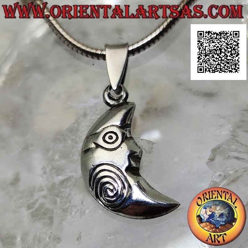 Pendentif en argent, croissant double face avec visage façonné et spirale gravée