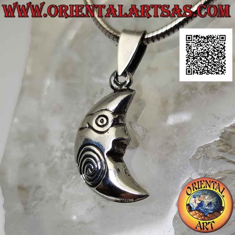 Colgante de plata, media luna de doble cara con cara en forma y espiral grabada