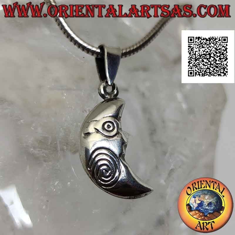 Silver pendant, double-sided crescent with shaped face and engraved spiral