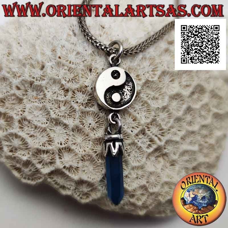 Pendentif en argent Yin yang Tao en bas-relief avec premier pendentif en cristal bleu