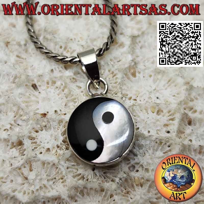 Pendentif Yin yang "Tao" en argent avec nacre et onyx 10 mm Ø