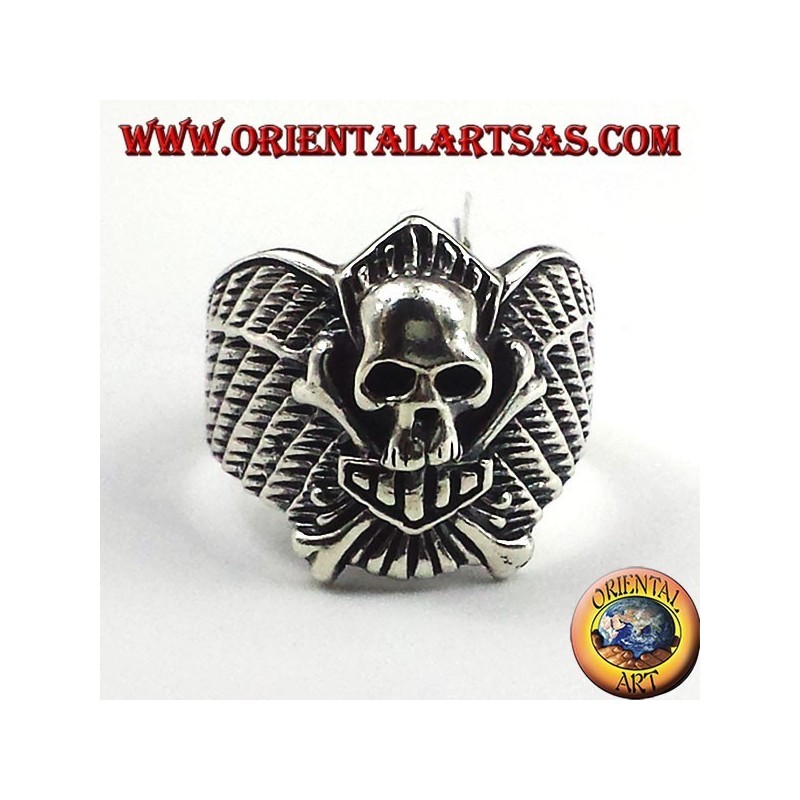 Anello teschio con ossa motociclista in argento