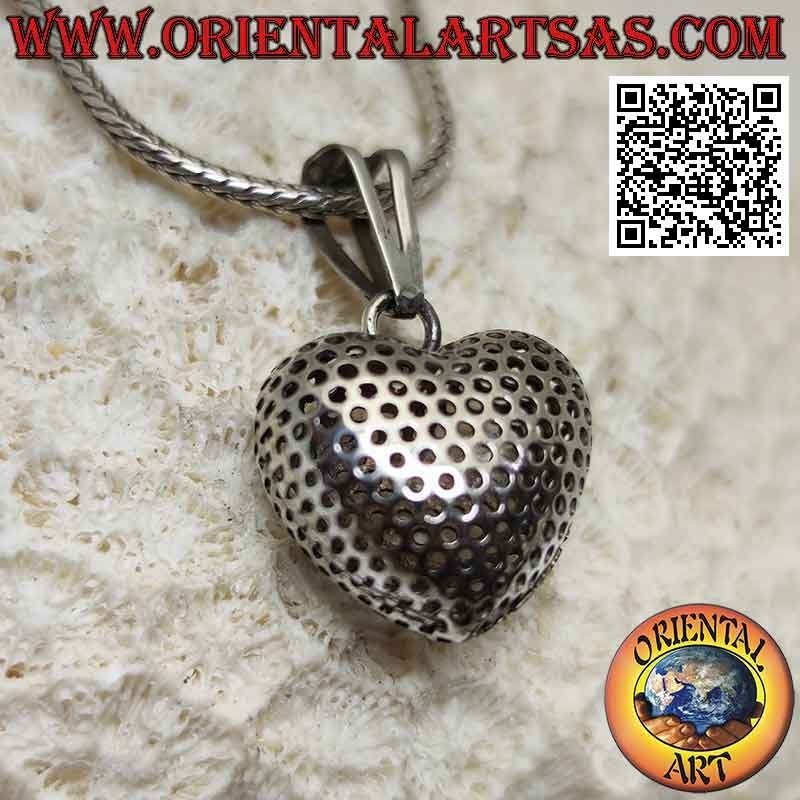 Pendentif en argent, coeur convexe tridimensionnel perforé