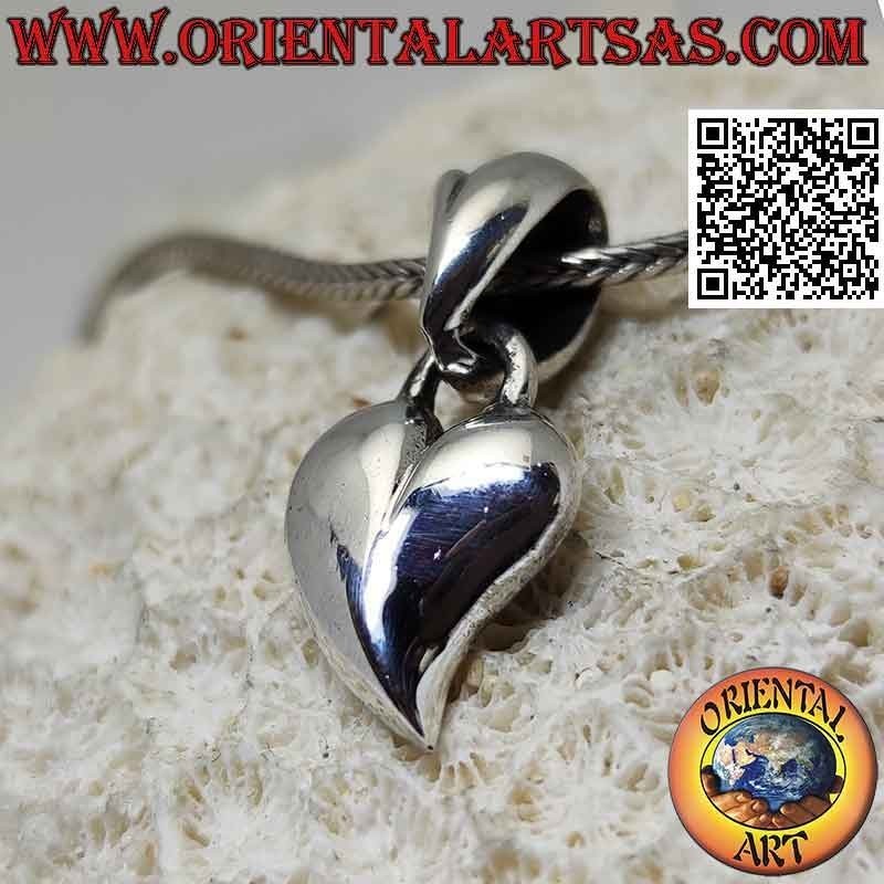 Silver pendant, smooth and rounded heart with elongated tip