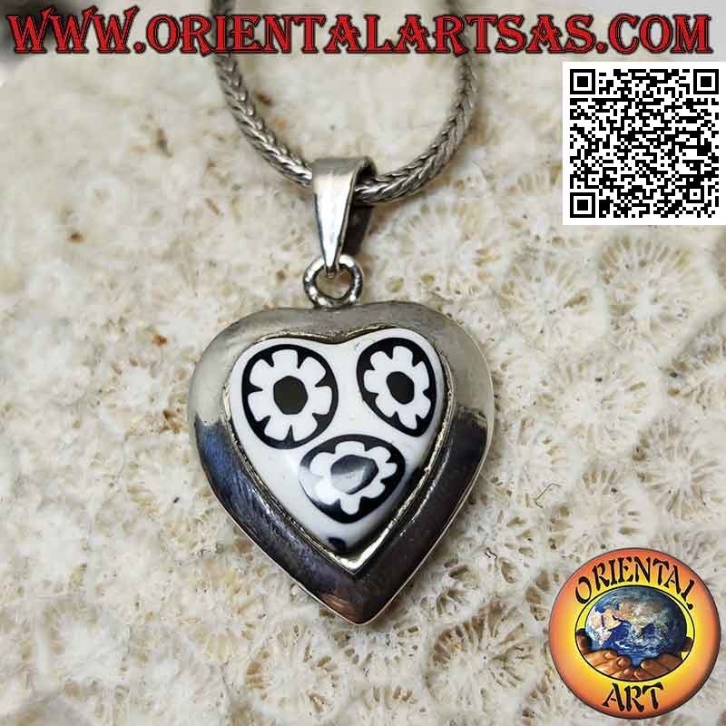 Silver pendant, heart with murrina (black and white) and smooth edge