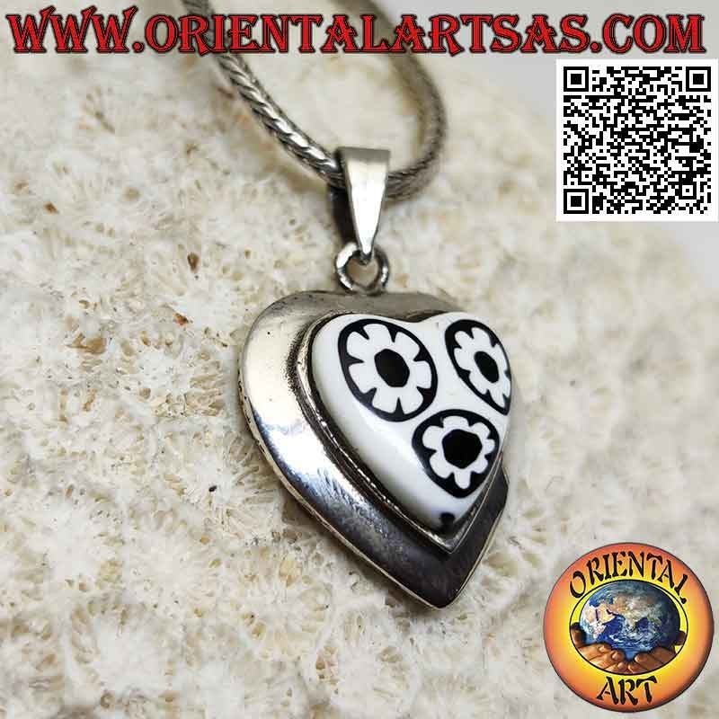 Silver pendant, heart with murrina (black and white) and smooth edge