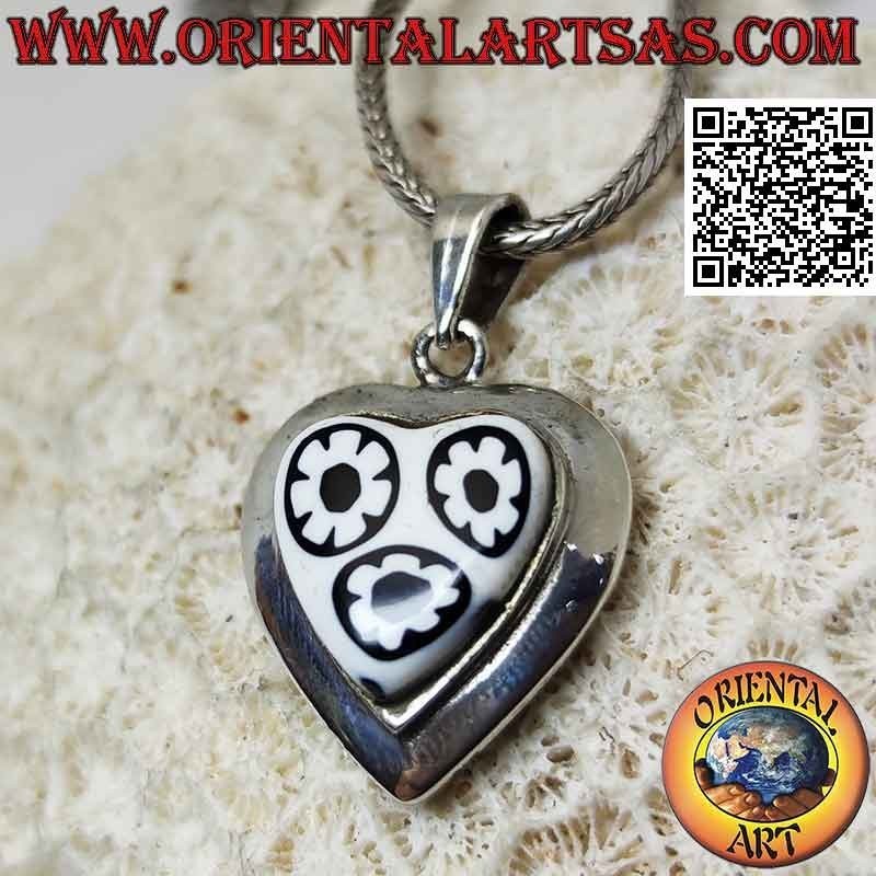 Silver pendant, heart with murrina (black and white) and smooth edge