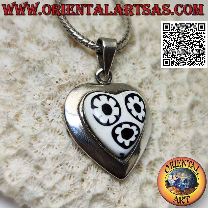 Silver pendant, heart with murrina (black and white) and smooth edge