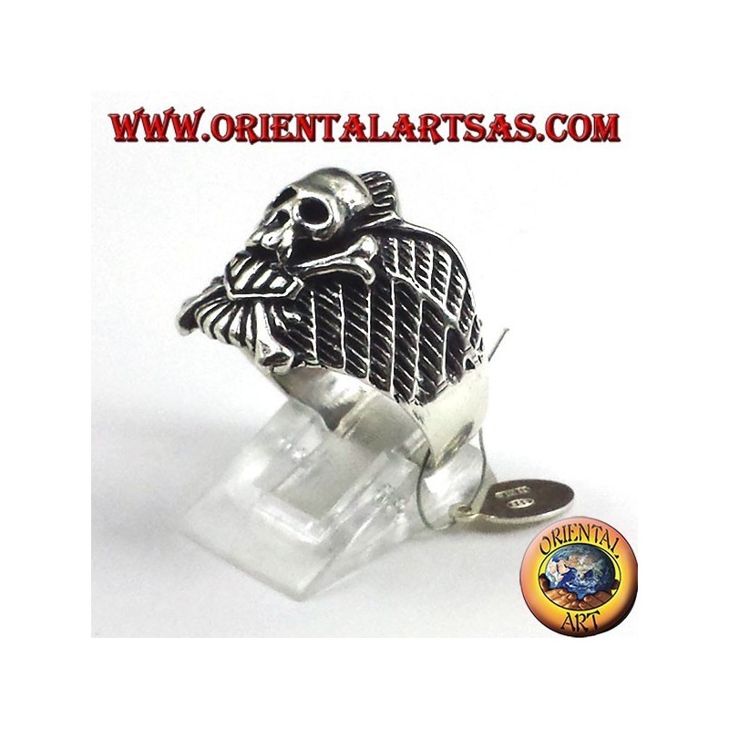 Anello teschio con ossa motociclista in argento