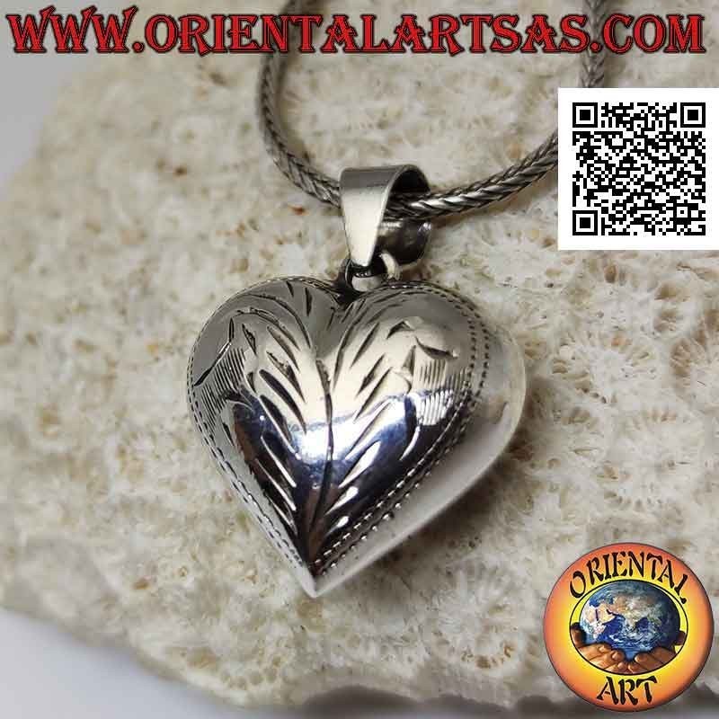 Pendentif en argent, coeur arrondi lisse avec gravures