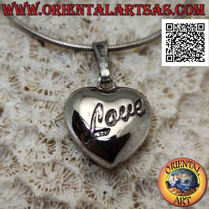 Silver pendant, smooth heart with engraved "love" writing
