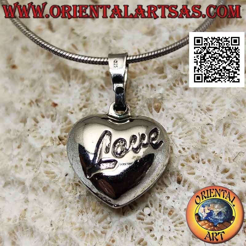 Silver pendant, smooth heart with engraved "love" writing