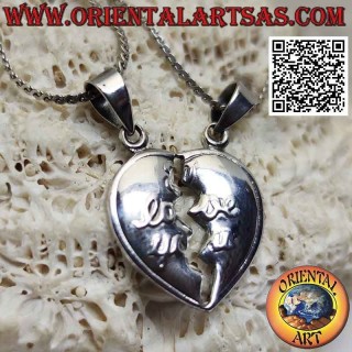 Double silver pendant, broken heart with "I love you" in relief