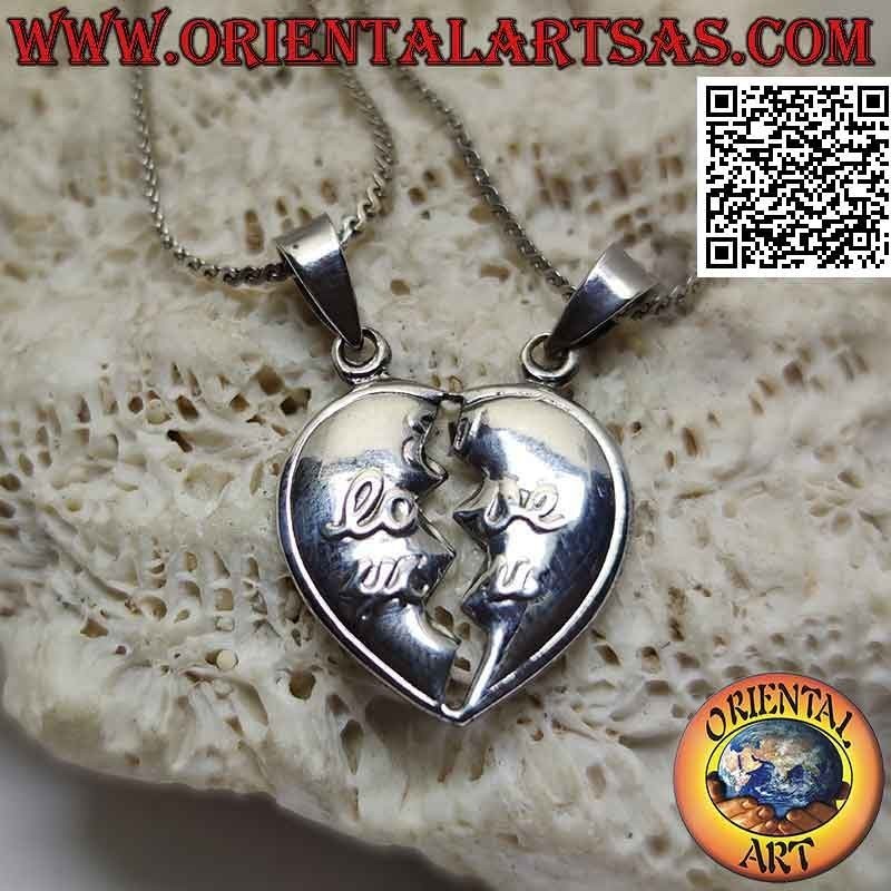 Ciondolo in argento doppio, cuore spezzato con "I love you" in rilievo
