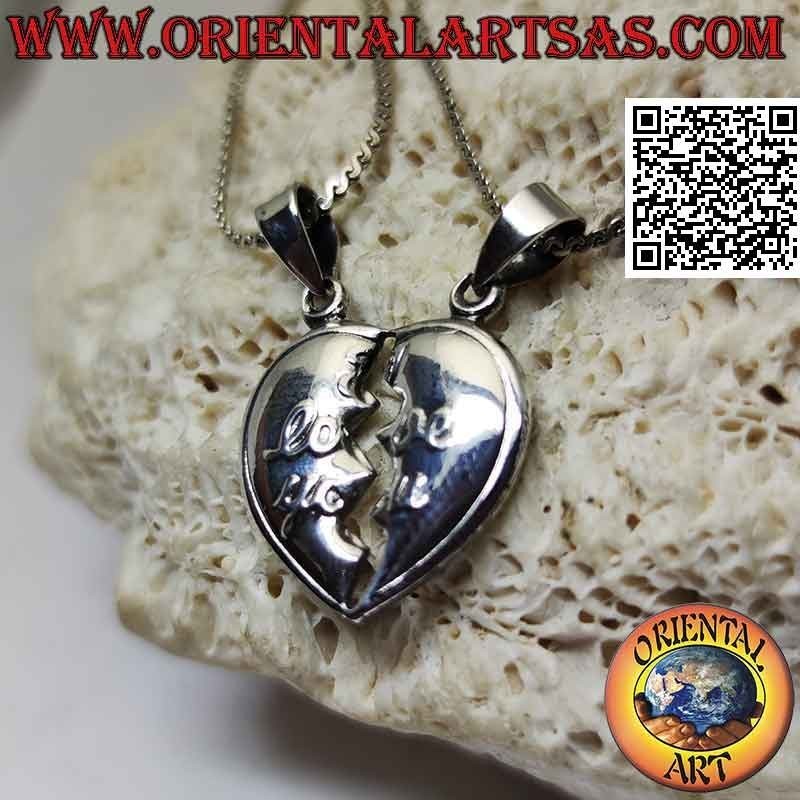 Pendentif double en argent, coeur brisé avec "Je t'aime" en relief