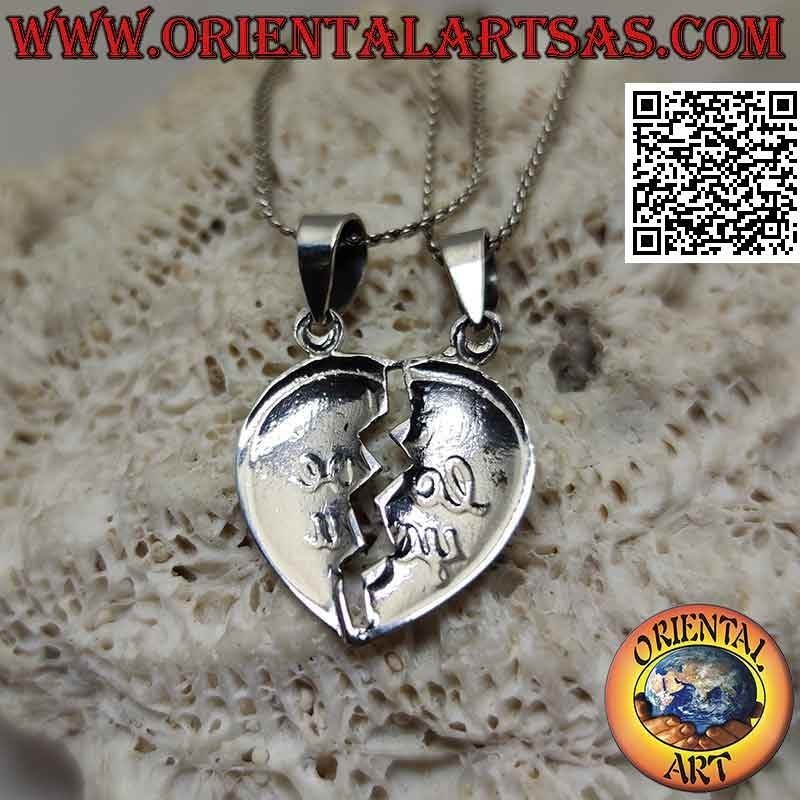 Ciondolo in argento doppio, cuore spezzato con "I love you" in rilievo