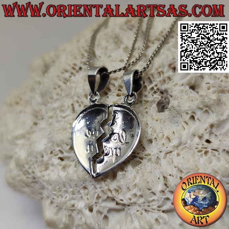 Double silver pendant, broken heart with "I love you" in relief