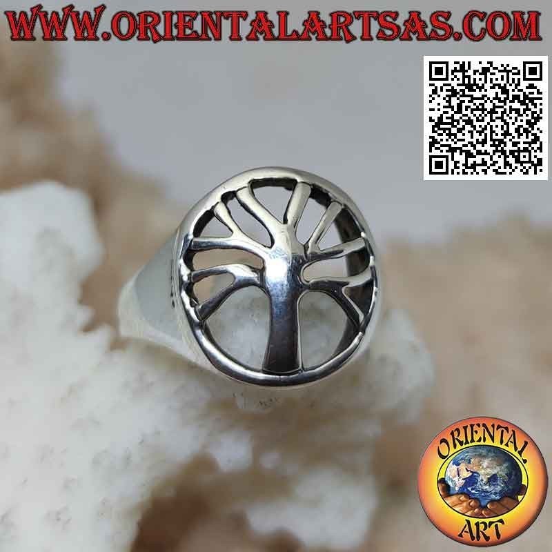 Bague en argent lisse avec arbre de vie dans le cercle ajouré (minimal)