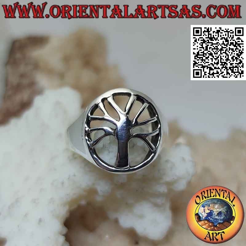 Anillo de plata lisa con árbol de la vida en el círculo calado (mínimo)