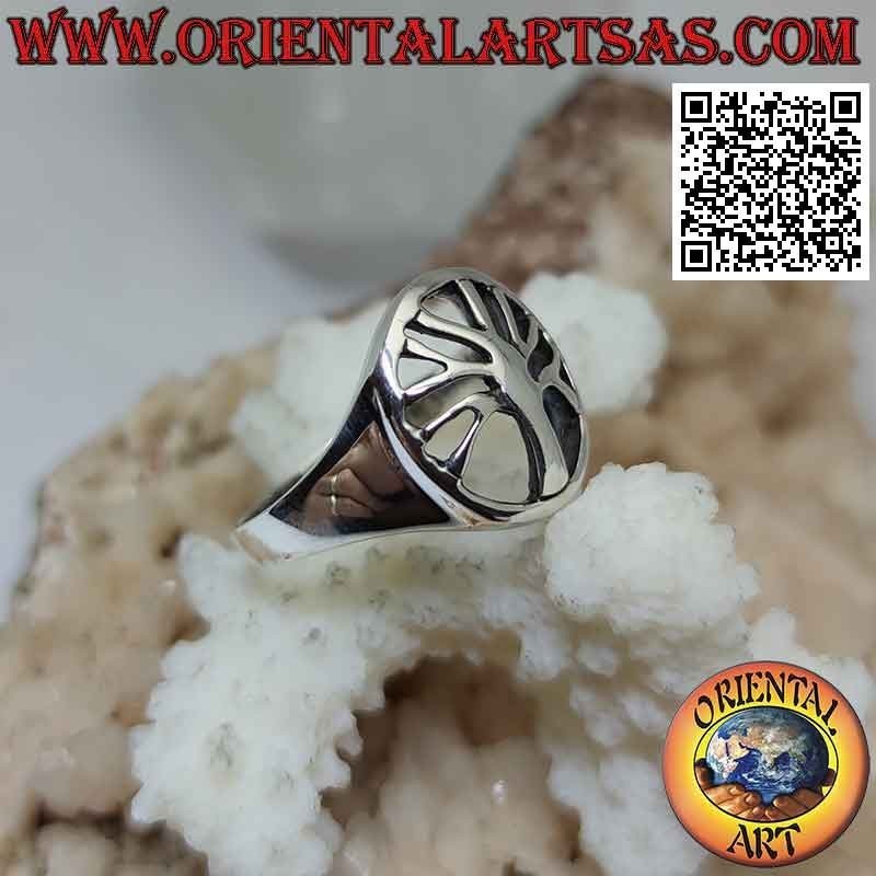 Smooth silver ring with tree of life in the openwork circle (minimal)